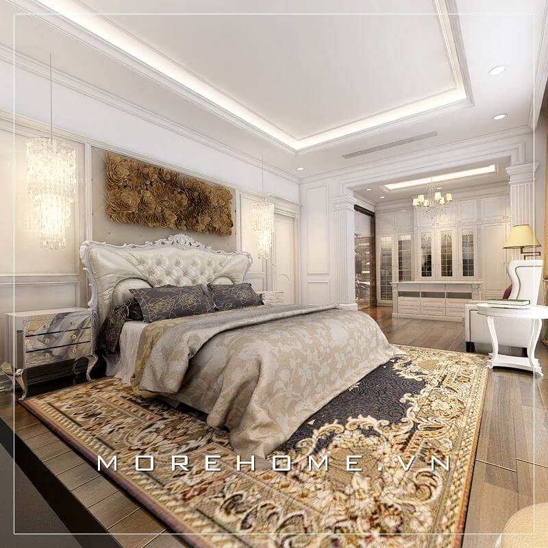 Mẫu giường ngủ bọc da cao cấp phần khung gỗ tự nhiên được chạm khắc tỉ mỉ, ấn tượng, tạo nên một không gian phòng ngủ biệt thự đẳng cấp và sang trọng hơn cả